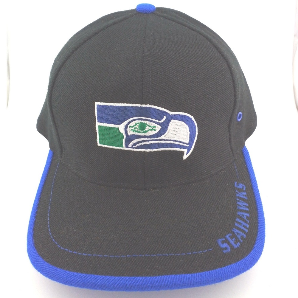 Vintage Logo Athletic Seattle Seahawks NFL Cap Mens Black Blue Strapback Hat